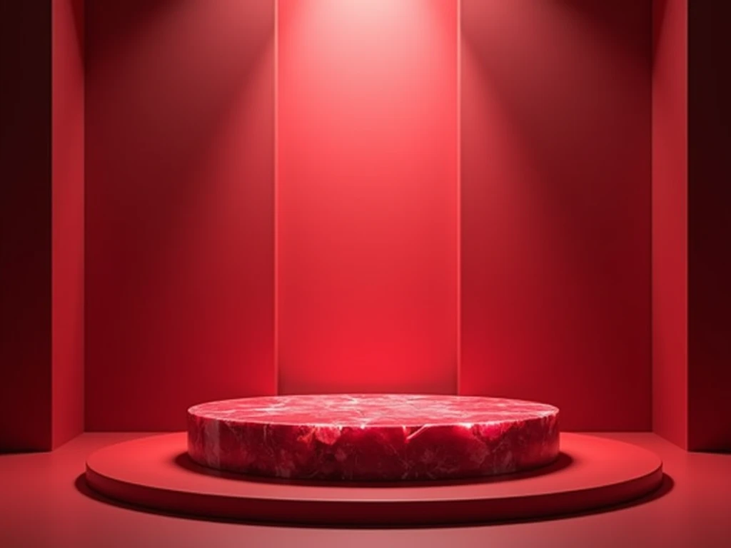 A podium made entirely of red ruby gemstone stands at the center. Its polished surface subtly reflects the light. The background is minimalist, featuring a play of soft lights and shadows that create a luxurious and sophisticated atmosphere. The lighting i...