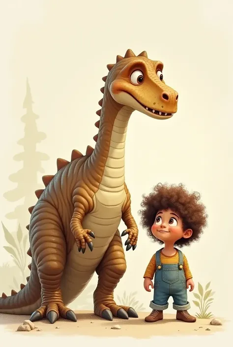 a drawing of a  white boy with very voluminous curly brown hair With a lot of volume his hair, Next to a dinosaur 