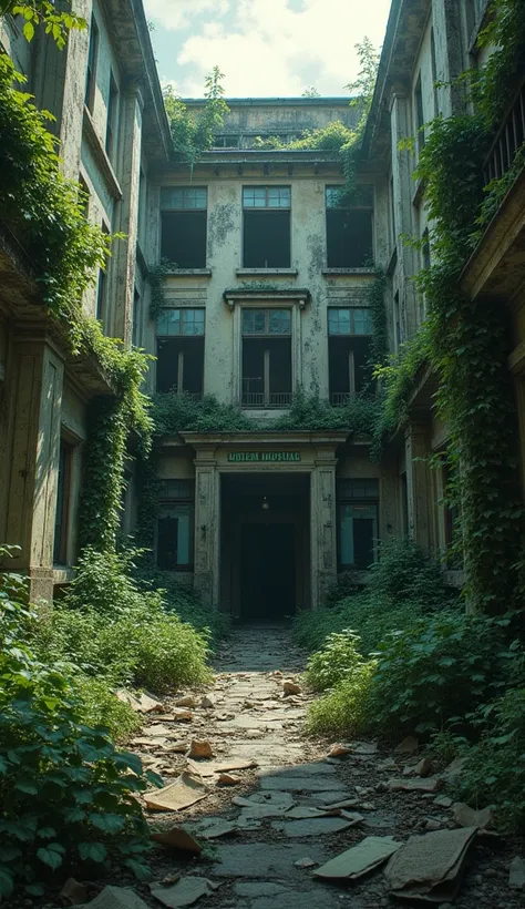 An abandoned, decaying hospital with overgrown vines.