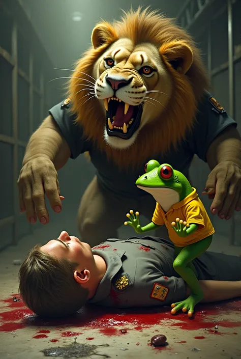 a frog with yellow shirt trying to help a bleeding prison officer from a lion which eat him badly