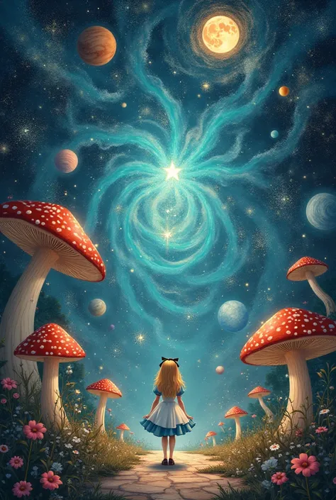 Create a background that merges the theme of “astrology” with that of “Alice in Wonderland”