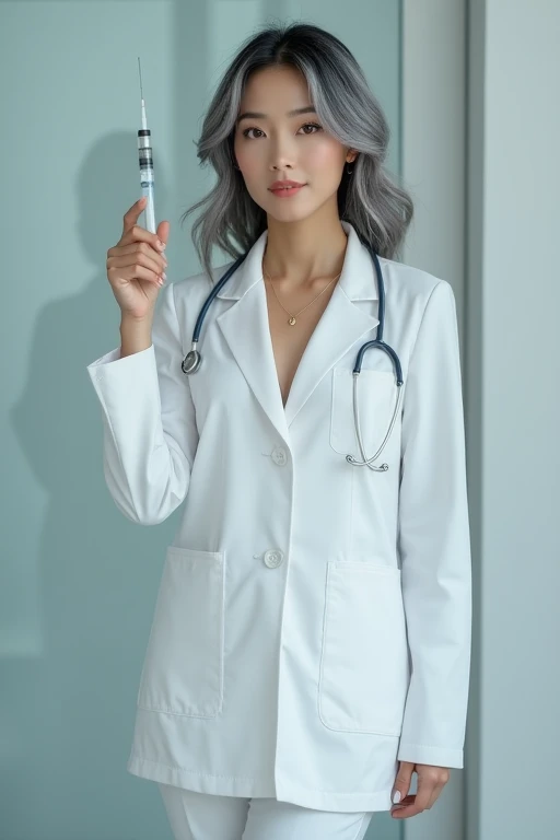 
nurse with with silver hair and black highlights with face that remind Michelle Yeoh
  wearing a white tight nurse coat with big size chest that fit very good to her body and evidence her curvy wait in standing position raising syringe wirth authority in ...