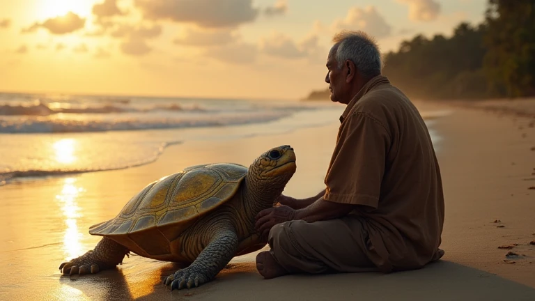 A 65-year-old Indonesian man, wearing a shabby short-sleeved brown fisherman's clothes, is sitting pensively on the edge of the beach, the background of the beach in the afternoon is lit by the setting sun and a giant golden-backed turtle is shining, the t...