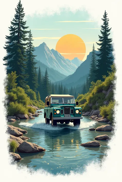 On a white background, depict an adventure-themed illustration with "Take the Scenic Route" in bold, rustic typography. The setting includes curvy mountain roads and towering trees. A vintage Land Rover is shown crossing a shallow river, emphasizing explor...