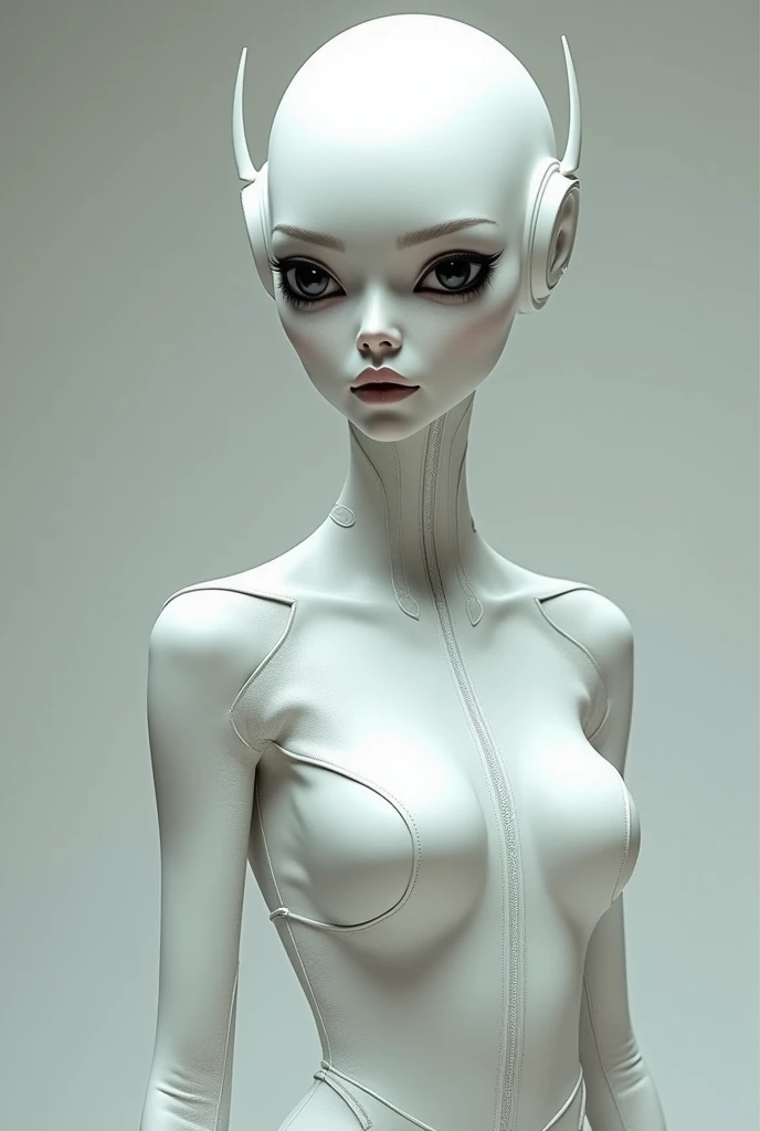 Alien girl   ,  Big Black Eyes  , Beautiful, slender face,   large breasts  ,   pure white skin  ,  White headgear   ,  Priest's White Leather Dress ,  Tight Set  ,   tall , Long neck  