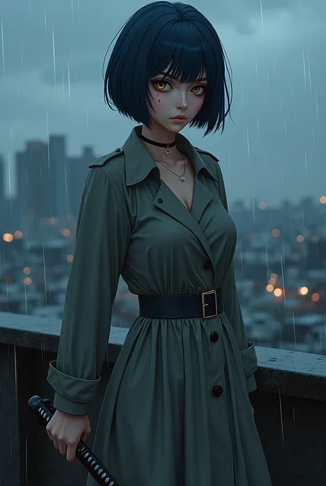 "4K anime style quality, digital drawing mode, a reserved yakuza woman lieutenant with cropped indigo hair, almond-shaped golden eyes, and a scar across her cheek, wearing a trench dress cinched at the waist, holding a sheathed katana, standing on a rainy ...