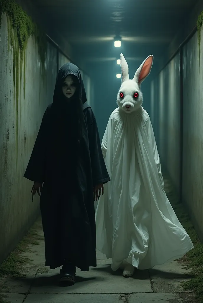 Sadako Yamamura in a black hoodie and the anthropomorphic White Rabbit in a white airy cape walk down a gloomy underground corridor. same growth.