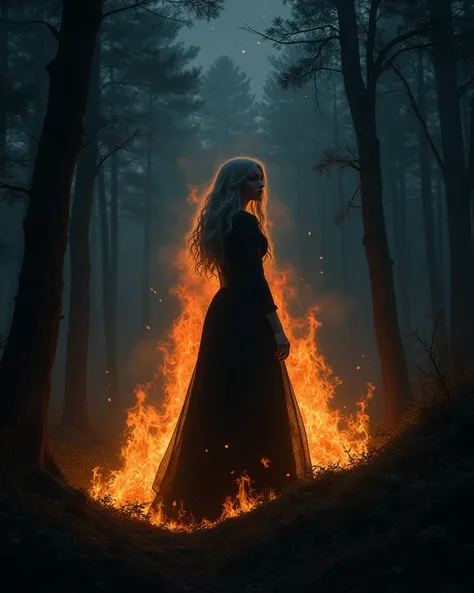 Silhouette of a woman on fire in a forest at night, The woman wears a medieval black dress and gray hair
