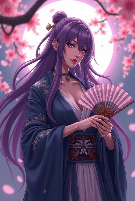 "4K anime style quality, digital drawing mode, a striking yakuza strategist with long, silky purple hair, lavender eyes, and a mysterious demeanor, wearing a Renaissance robe with intricate embroidery, holding a fan concealing throwing knives, standing und...