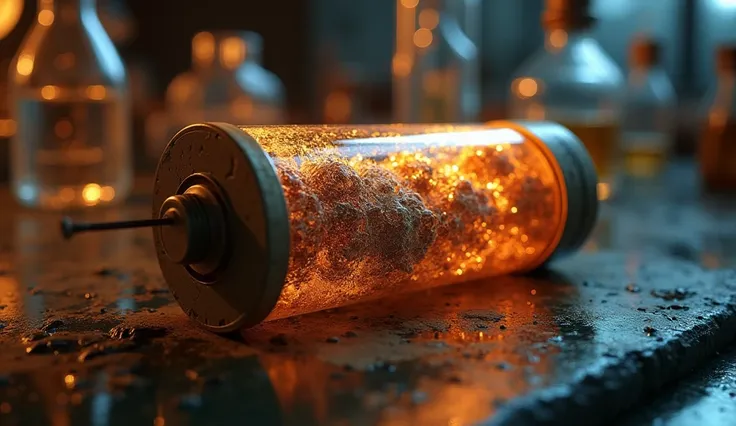 A close-up of a sodium battery with ions flowing inside, detailed texture showing the components: anode, cathode, and electrolyte, set against a lab background with scientific equipment, close-up shot, Cinematic, realistic, medieval/baroque-inspired, drama...