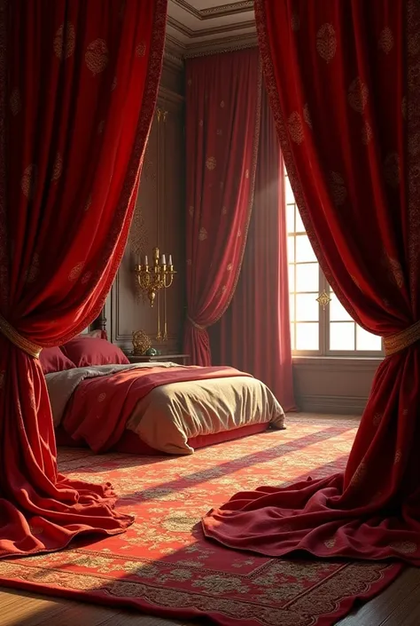 Can you generate for me an image of a bedroom stretched out of crimson Turkish fabric and brooked with gold flowers 
