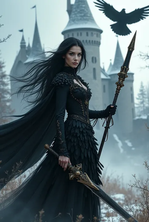 The witch, black hair and black dress with feathers, staff and black and gold sword, raven, winter castle in background 