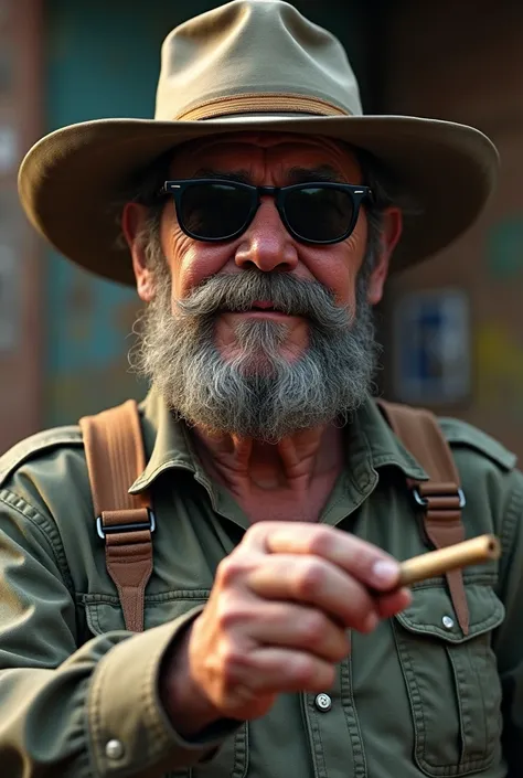  A fat old man with a gray mustache,  sunglasses, Cowboy hat and joint .  Wearing a military suit  