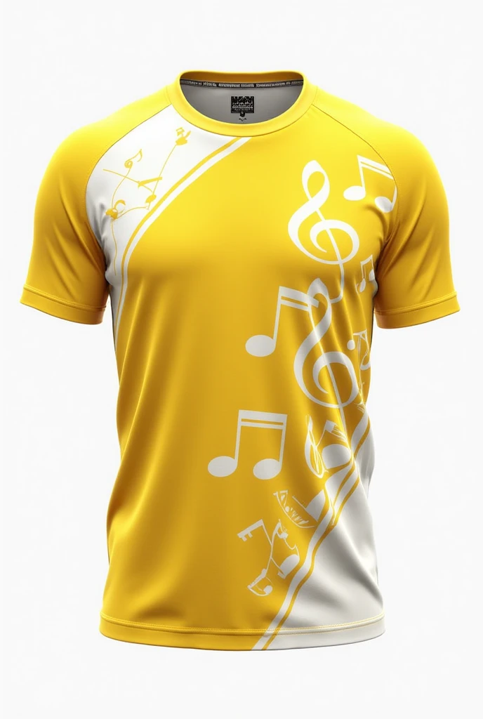  Make a sport-style shirt for a student musical orchestra.  Instead of logos or phrases please use yellow and white y /or musical symbols .