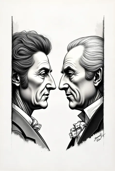 Two stylized pen busts of Goethe placed one against the other