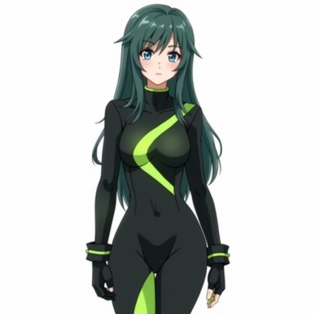 Anime girl The image is an anime-style digital illustration of a female character with long, dark green hair flowing down her back. She has large, blue eyes and a fair complexion. Her expression is neutral, with a slight hint of curiosity or seriousness.

...