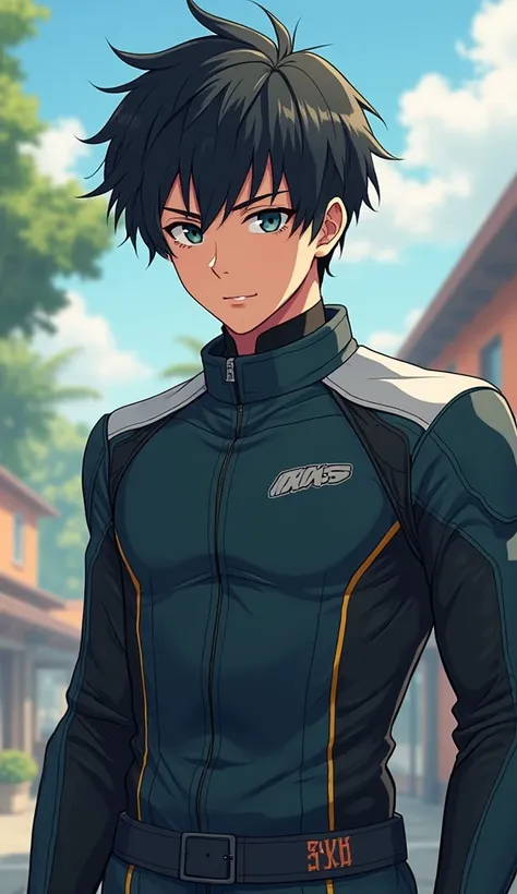 Chef doeuvre, style anime, boy, 18ans, depth of field,  seen from head to toe, uniforme de gym,  motorcycle suit