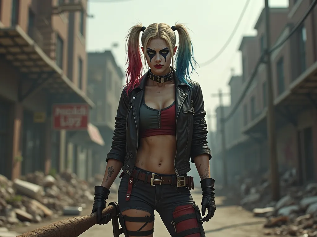 Harley Quinn in the style of Negan from The Walking Dead, b background Broken America, 180cm full height with nogamib on the run