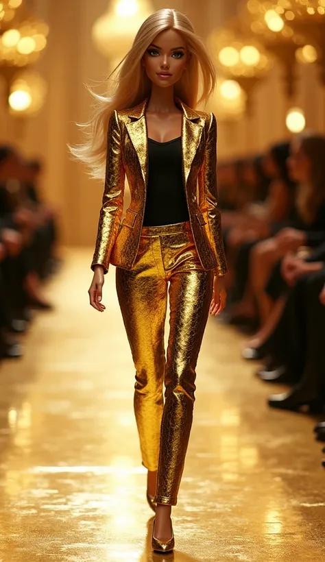 Barbie em um golden suit andando pela passarela, golden suit, Golden clothes,  wearing an ornate suit , em um golden suit, luxury suit, intricate suit,  snake-print gold jacket , black shirt,  gold clothes,  glamorous runway model ,  wearing snake-print fa...