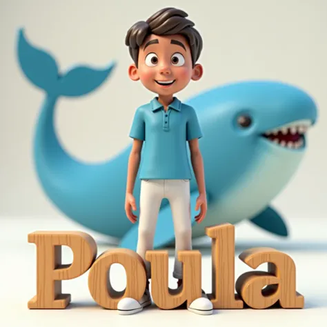 A 3D cartoon of a  wearing a blue shirt, white pants and white shoes with a name written in front of him "Poula" 3D in wood. In the background, a beautiful blue whale laughs. The background is open and cheerful.   