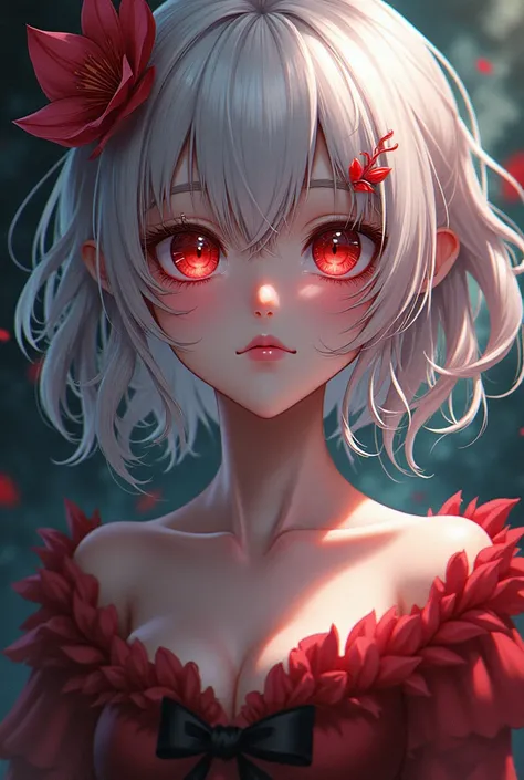 Anime girl with red eyes, white and red hair, touch, piercing, the girl herself looks like a spider lily. 