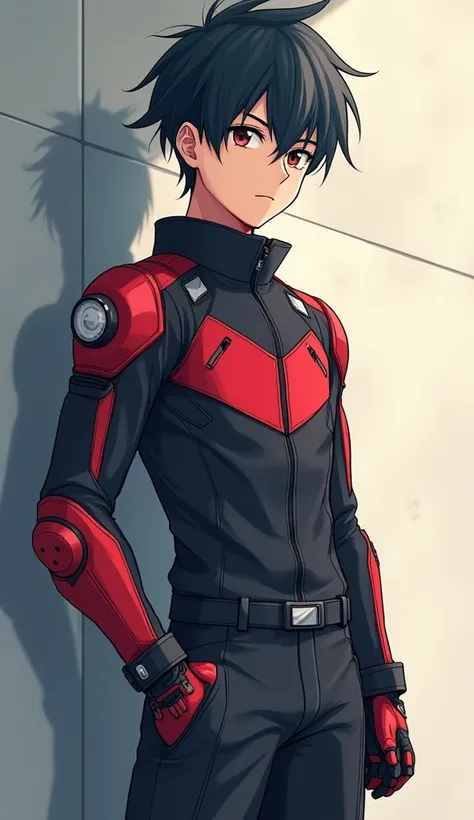 Chef doeuvre, style anime, boy, 18ans, depth of field, On a wall,   seen from head to toe, uniforme de gym,  motorcycle suit, gant