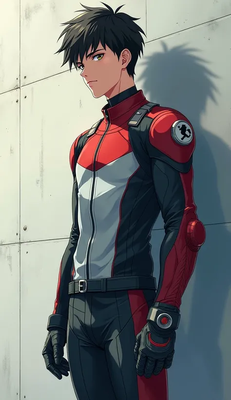 Chef doeuvre, style anime, boy, 18ans, depth of field, On a wall,   seen from head to toe, uniforme de gym,  motorcycle suit, gant