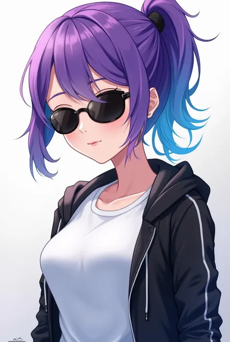 Animated image of a girl wearing a white t-shirt and a black sports jacket with sunglasses with purple hair with blue tips combed with a ponytail