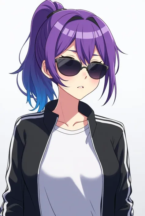 Animated image of a girl wearing a white t-shirt and a black sports jacket with sunglasses with purple hair with blue tips combed with a ponytail