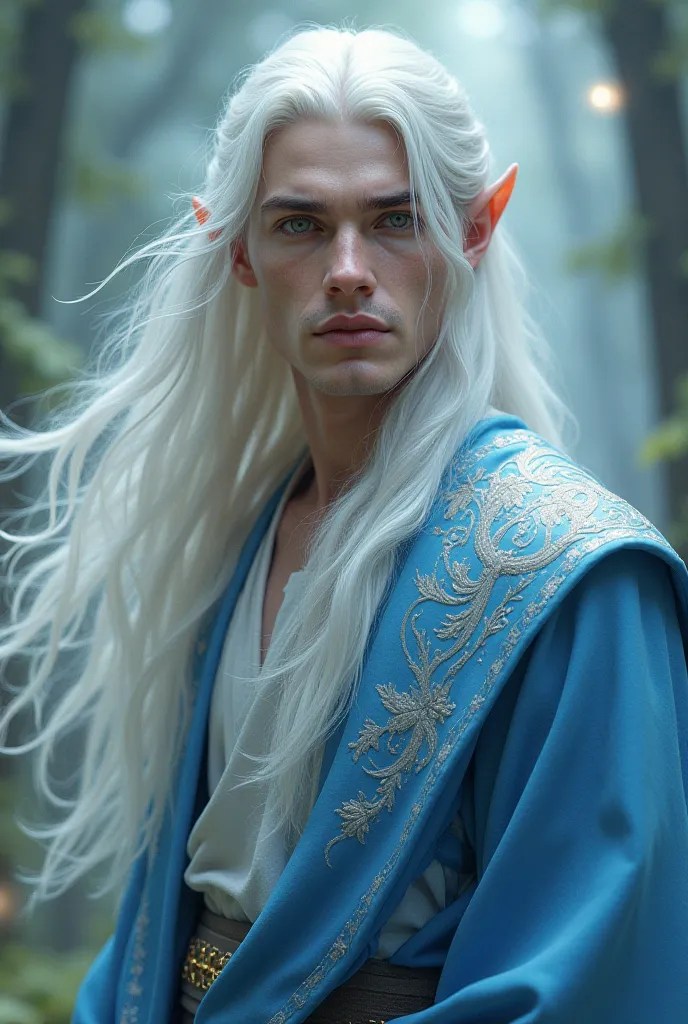 An elf male looks to be in his 30s, has white long sheets, and an outfit in blue and white