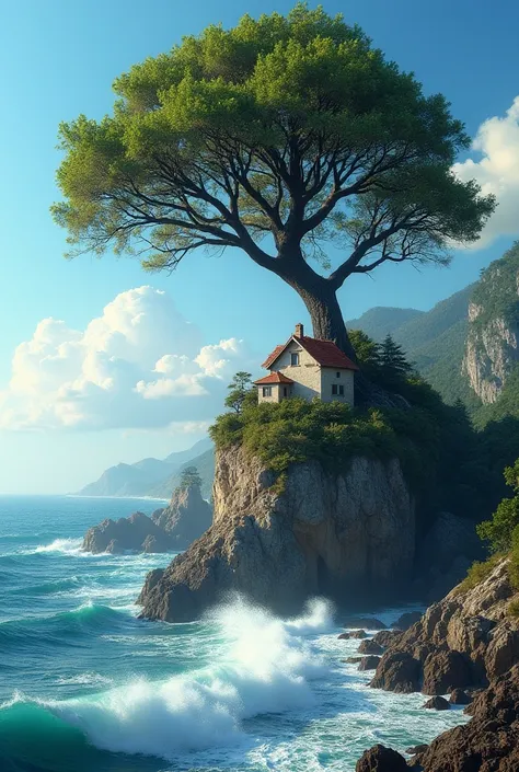 Big tree, a small house in the front on top of the rock and a sea with big waves 