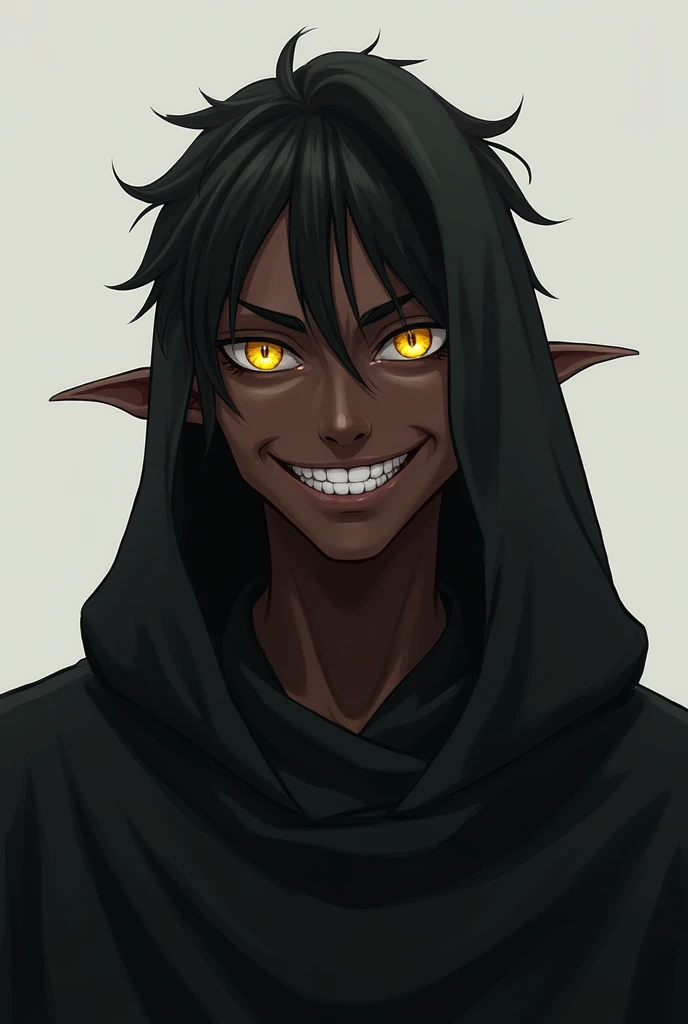 A black man with white teeth smiles softly and wears a black cloak but does not cover his head, has short black hair, yellow eyes, pointed ears and anime claws