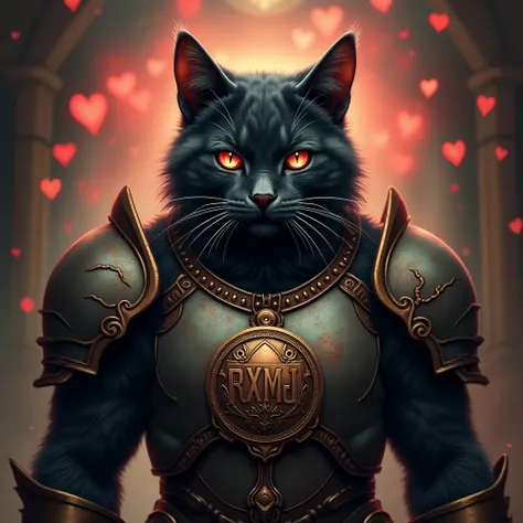  Avatar armored cat,  strong chest , Hearts in the background. Médaillon grave RxMj sur le torse. 