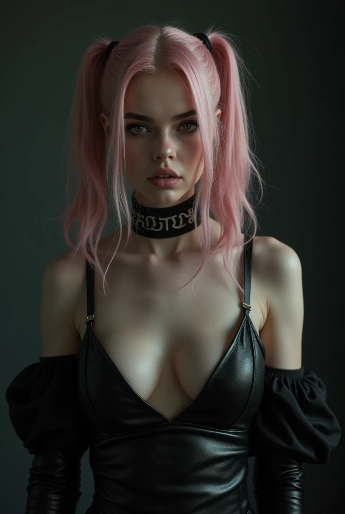 (((ultra realistic))) Photo, Masterpiece, Superior quality, pale skin, (Cara y ojos ultra detaileds.:1.3), 1 girl, gloomy atmosphere, dark background, (heavy eye makeup, heavy mascara) , ((pink straight hair)) , ((hairstyle with pigtails)) , {Huge|gigantic...