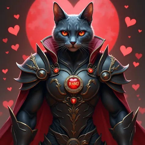 Avatar seductive cat in armour,  strong chest , Hearts in the background. Médaillon grave RxMj sur le torse. 