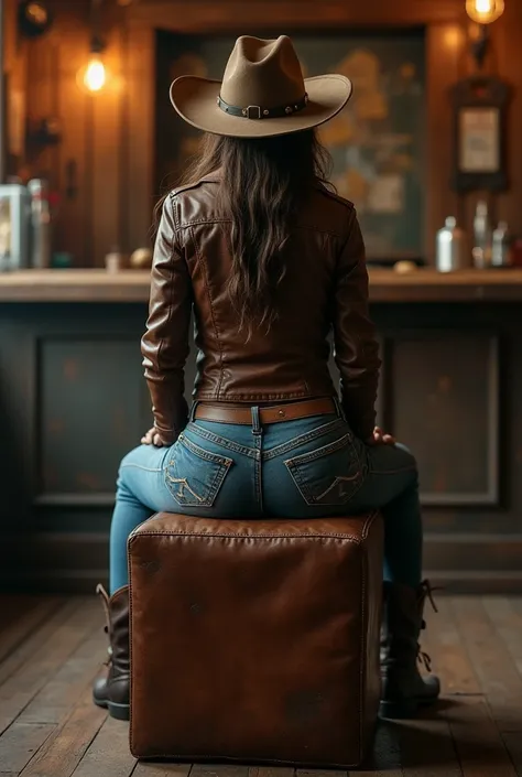 Cowgirl jeansbutt, view from behind, leatherjacket, dusty clothes, leather boots, Sitting on leather cube, sitting an bar, cowboy hat, Super-realistic full body from behind 