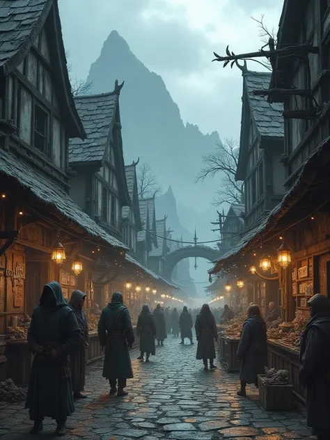 Now give me a dark fantasy medieval town whose inhabitants are elves and dwarves and goblins and humans , All this dark fantasy style and let it be seen that there is commerce 