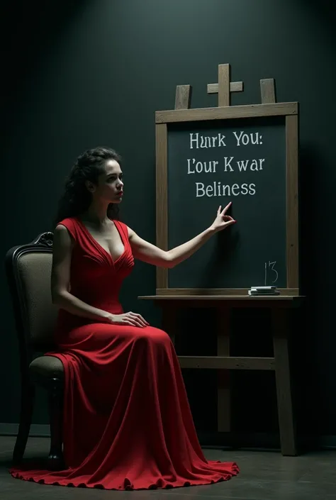 A woman in a red dress sitting on a chair showing a blackboard that reads "There's someone behind you"