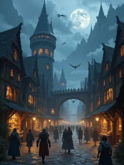 Now give me a dark fantasy medieval town whose inhabitants are elves and dwarves and goblins and humans , All this dark fantasy style and let it be seen that there is commerce now add fantasy things 