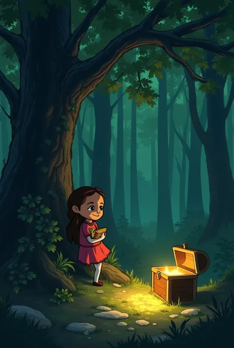 Determined, Lila searched the forest, following clues hidden in nature—a shimmering leaf, a glowing rock. Finally, she found a small chest buried beneath the tree. Inside was a golden key and a note: *"The greatest treasure is curiosity."*  