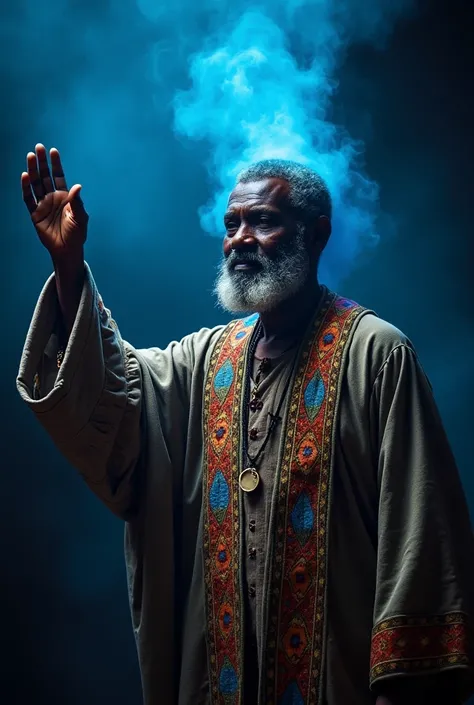 Mind reader of Lesotho.  A wise man with a mantle decorated with patterns raises his hand, While a blue aura surrounds his raised hand.