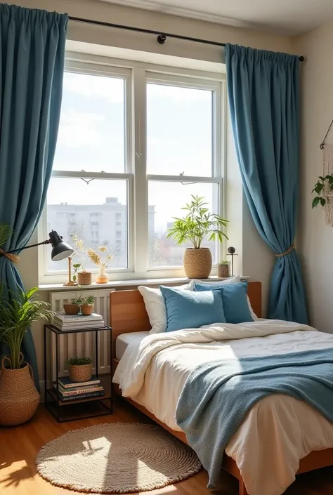 Decorate a room where two window with warm blue Curtain, off white bed cover and blue pillow, a metal book stand with books, corner side a Mirror and a sssmall size rug and real Flower with jute bag and more plants with a tiny cargo box that is also colour...