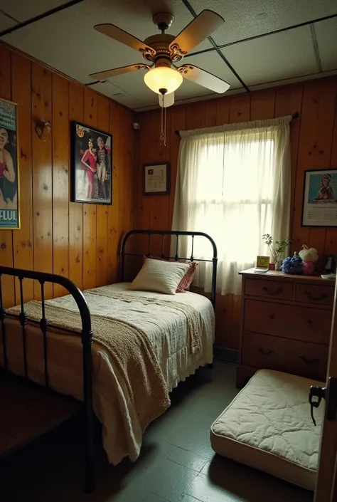 small, cramped, old room with a single iron bed and a dresser in front with a little box on top and drag queen posters on the walls. a single mattress next to the bed. wooden walls, gray tile ceiling. 70s setting