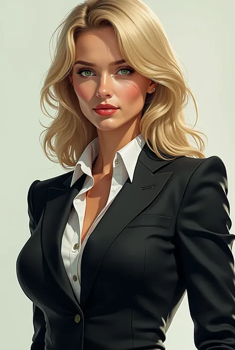  Realistic picture-like illustration of a 30-year-old man with dark blond hair, always well groomed,  green eyes,  cold and calculating ,  strong and athletic build , She exercises frequently .  She usually wears elegant suits or clothing ,  always project...