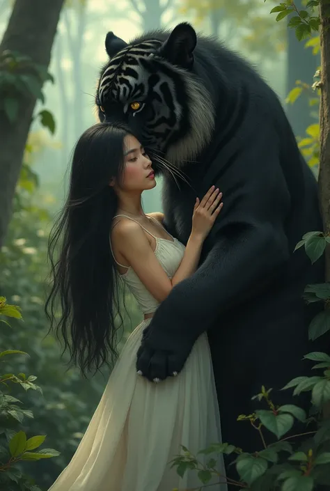 A beautiful girl with long black hair cuddles a black tiger
