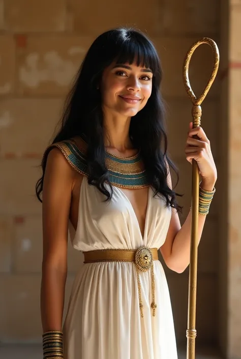 A 23 year old Pharaonic queen with a fair skin and hazel eyes with the iconic pharaonic black hair with bangs, wearing the pharaonic eye makeup and a very pharaonic white dress. Smiling with pride and her mouth is shut. Standing carrying the Ankh and the c...