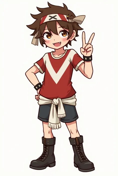  The boy in the image has a casual and rebellious style . her hair is brown,  slightly rowdy ,  with long locks that cover part of his forehead and some longer ones on the sides .  He wears a headband with red and white stripes ,  and a brown ribbon on the...