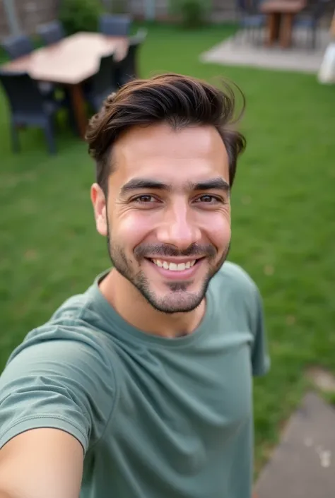 A 23-year-old Turkish man named Batuhan is taking a casual selfie in the backyard of his home. The image should be low-quality, unpolished, and natural, as if taken with a real 13MP phone camera. The background must be sharp, clear, and detailed, not blurr...