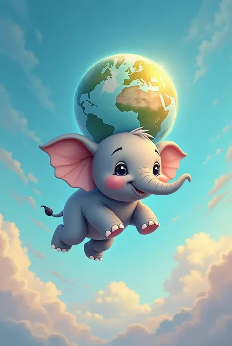 Cute elephant flying to the sky with a globe 