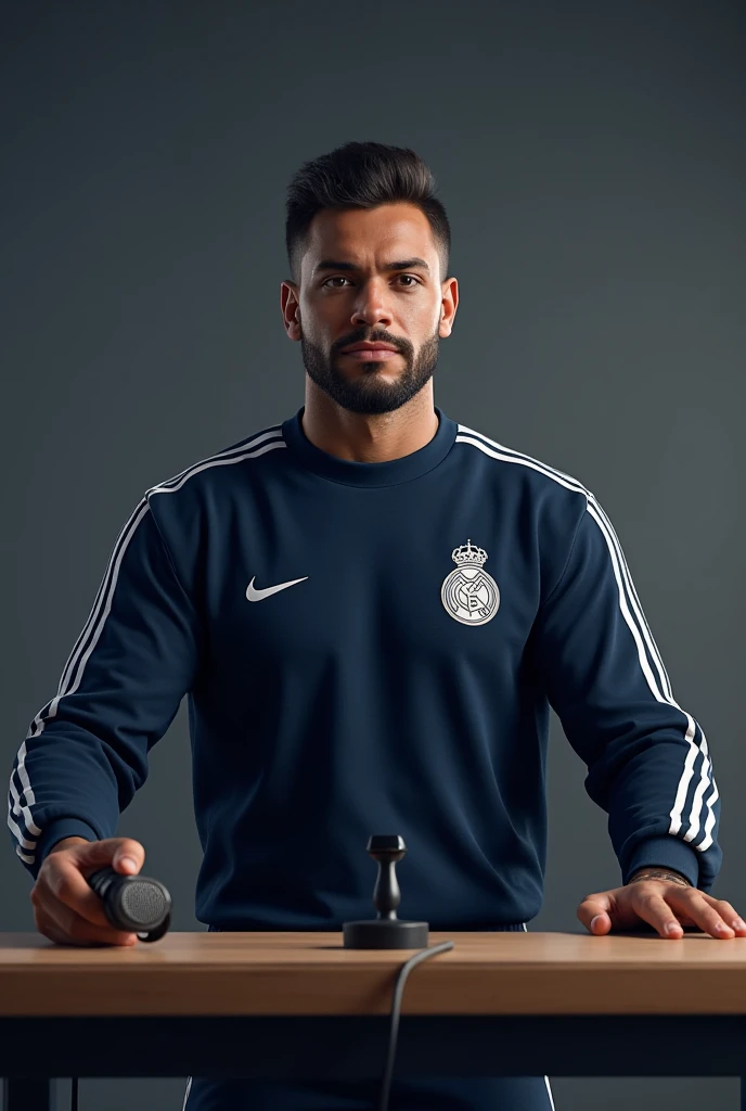 I want a male avatar wearing a Real Madrid sweatshirt with a microphone behind a gymer desk 